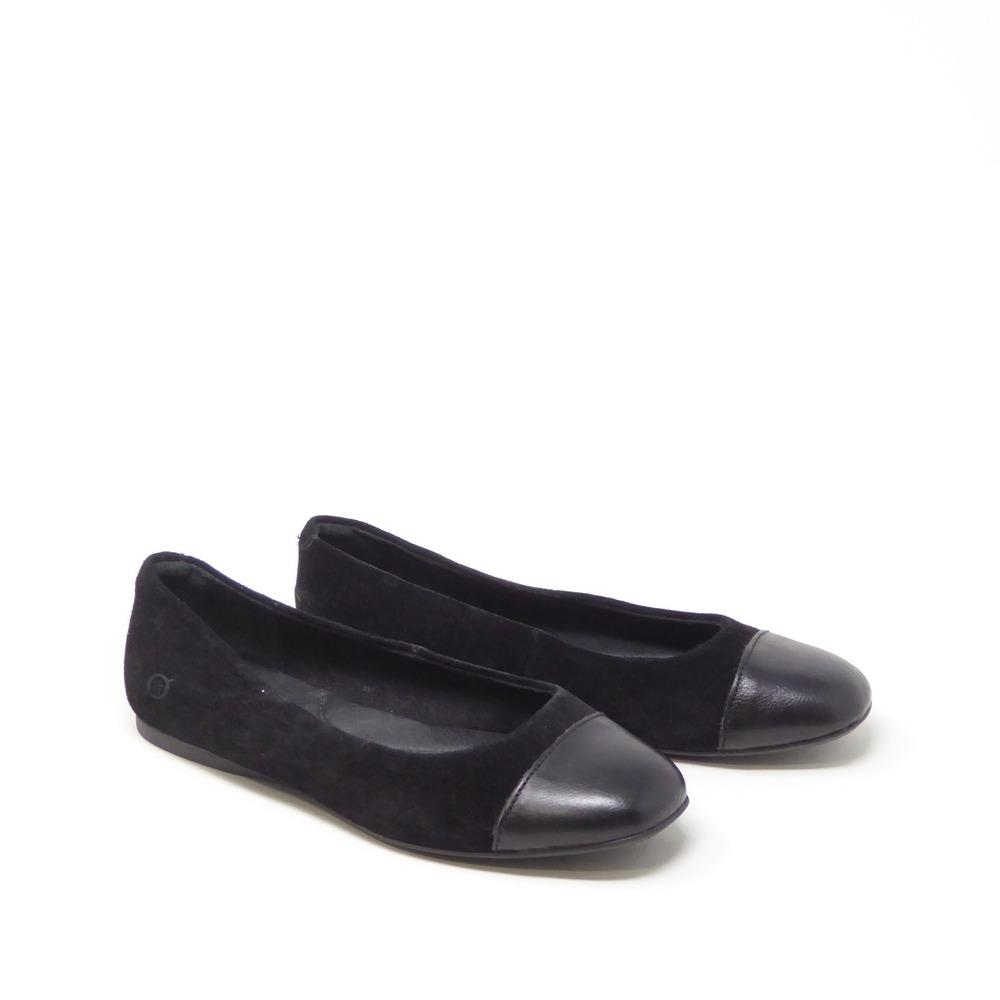Born Batti Mixed Media Women Ballet Flats Black Suede Leather Cap Toe 7M